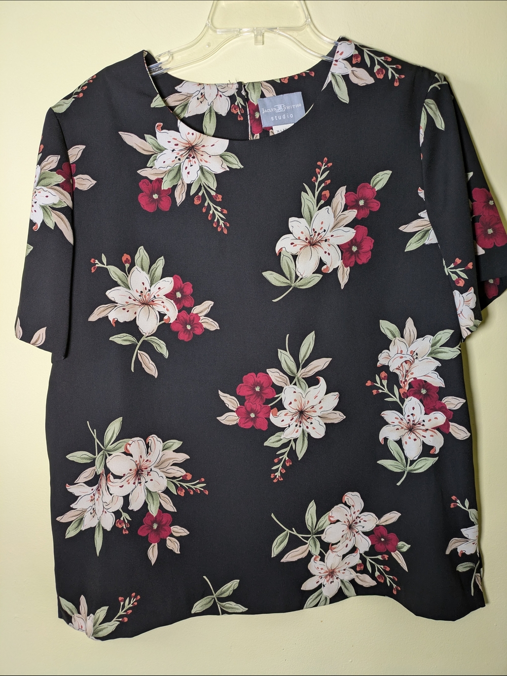 Vintage 80s Jacklyn Smith Black Floral Blouse With Shoulder Pads